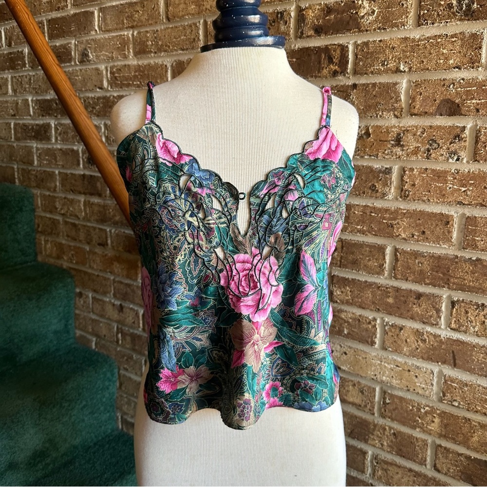 VTG 80s Retro Victoria’s Secret Satin Green and Pink Floral Sleep Night Shirt